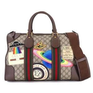 Gucci Courier GG Supreme Duffle Bag, 2-way Boston Shoulder Handbag, Beige, Br...